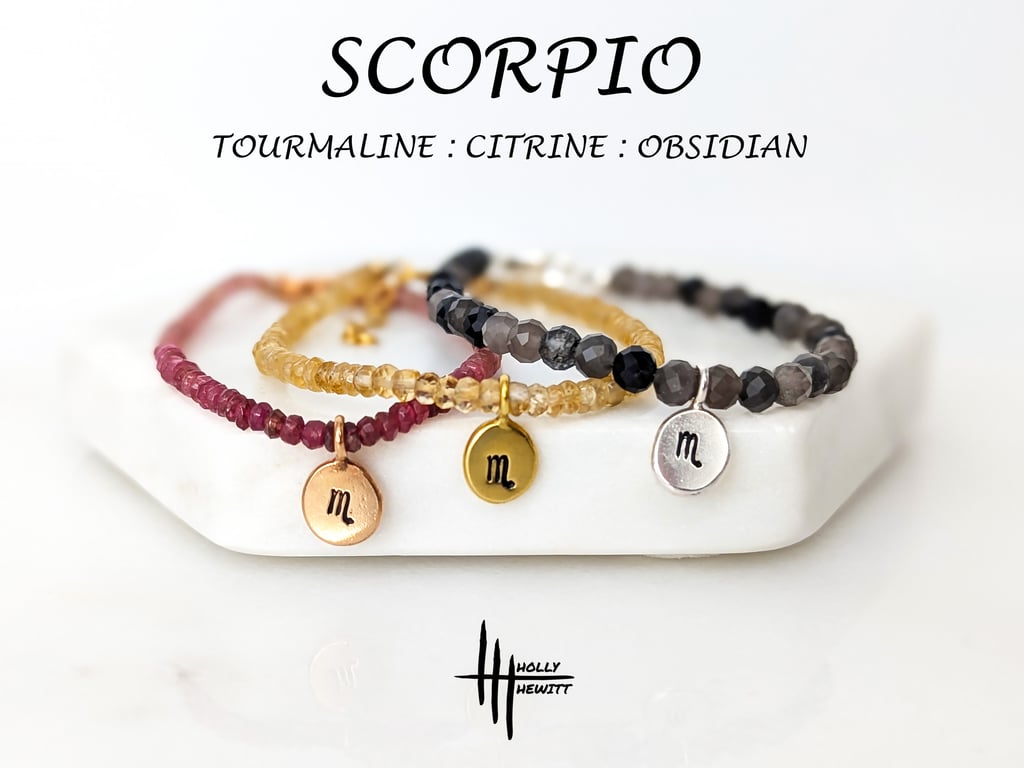 Scorpio Zodiac Healing Gemstone Beaded Bracelet; Tourmaline, Citrine, Obsidian
