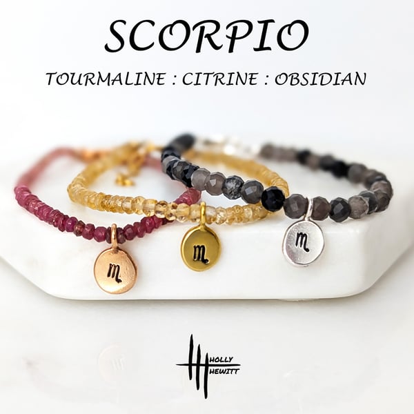 Scorpio Zodiac Healing Gemstone Beaded Bracelet; Tourmaline, Citrine, Obsidian