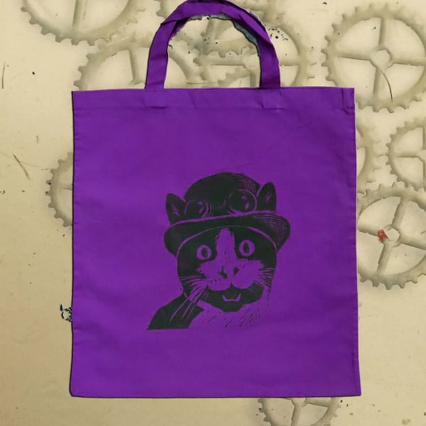 Steampunk Cat Tote Bag Animal Linocut Hand Printed Purple Shopping Bag