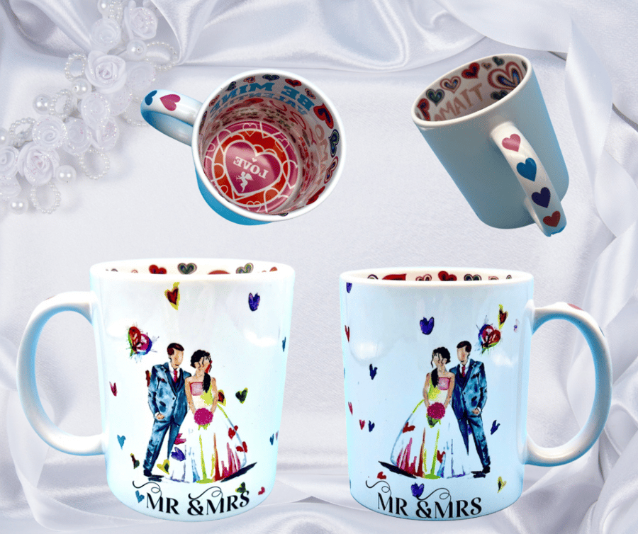 Pair of Mr and Mrs wedding mug, 