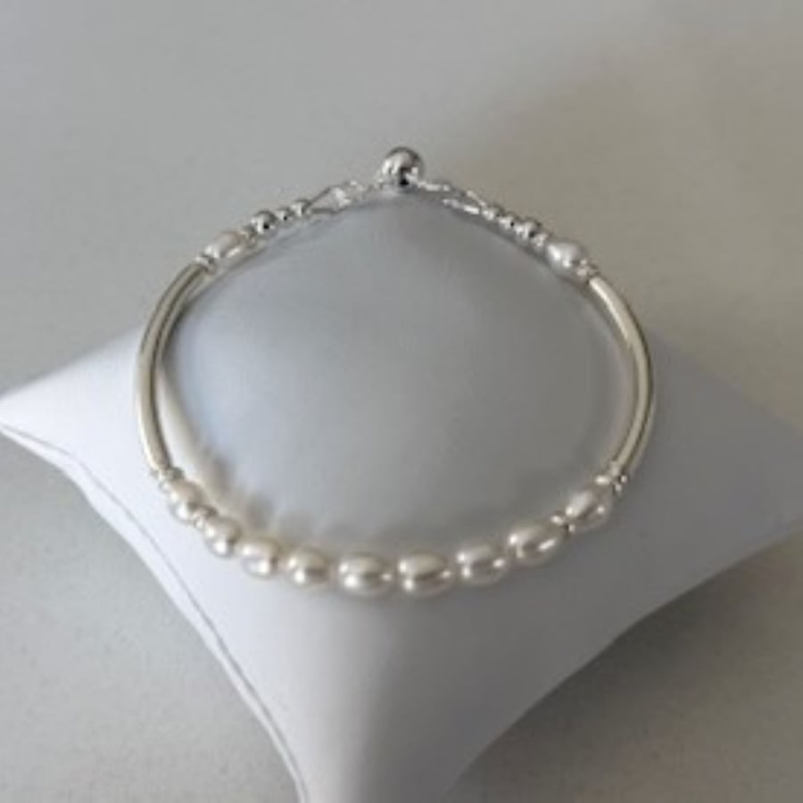 Sterling Silver Pearl Noodle Bracelet – 5mm Rice Pearls, Adjustable Slider Clasp
