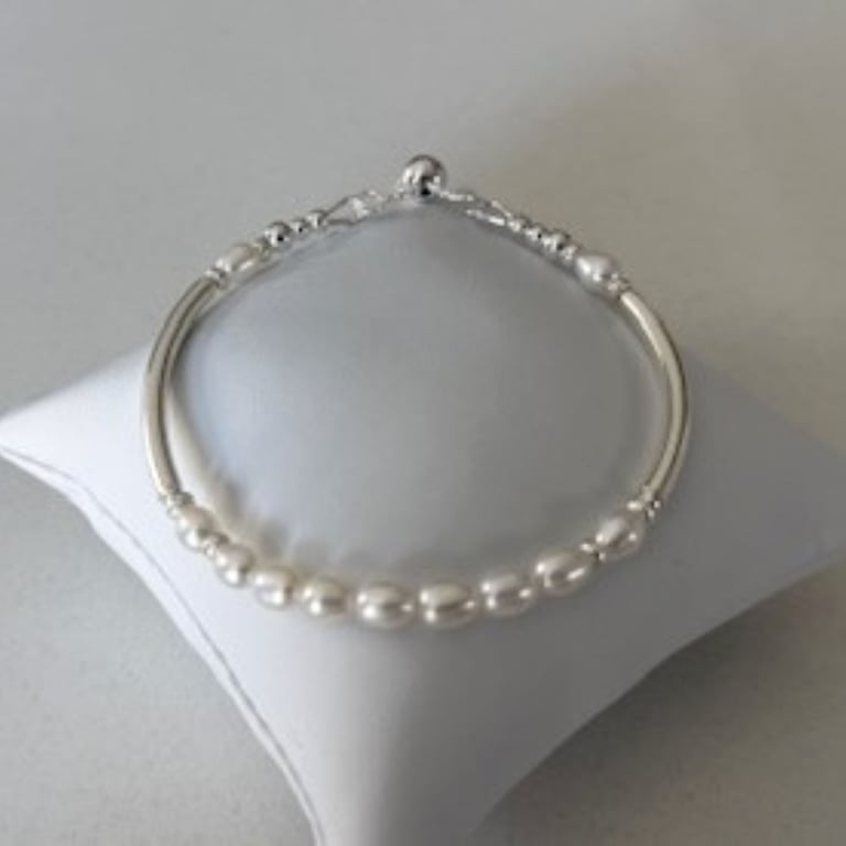 Sterling Silver Pearl Noodle Bracelet – 5mm Rice Pearls, Adjustable Slider Clasp