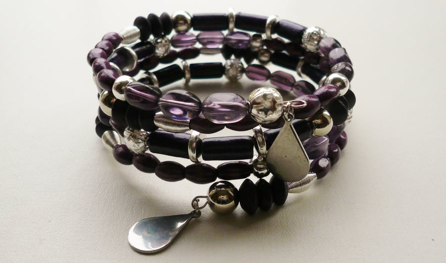 Memory Wire Wrap Purple Glass Mixed Bead Tibetan Silver Bracelet   KCJ1235