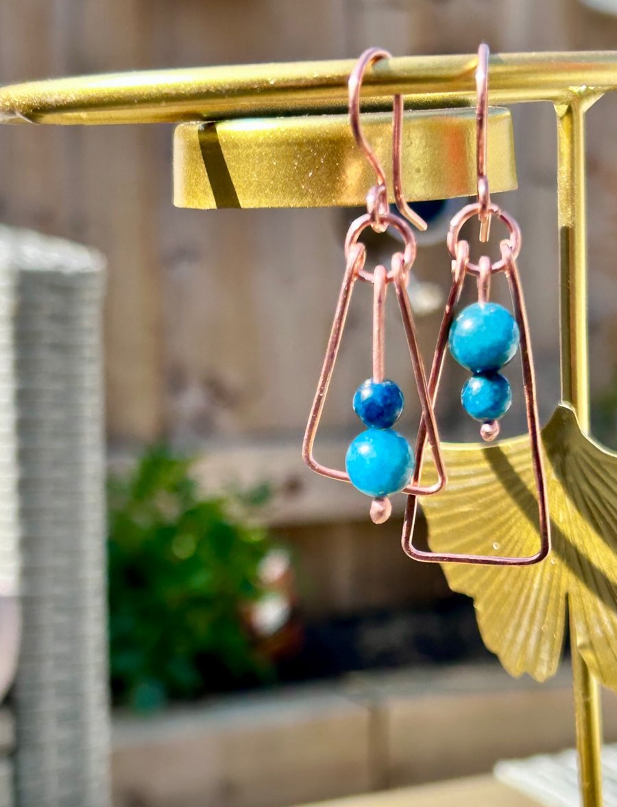 Mismatched Geometric Copper & Apatite Earrings