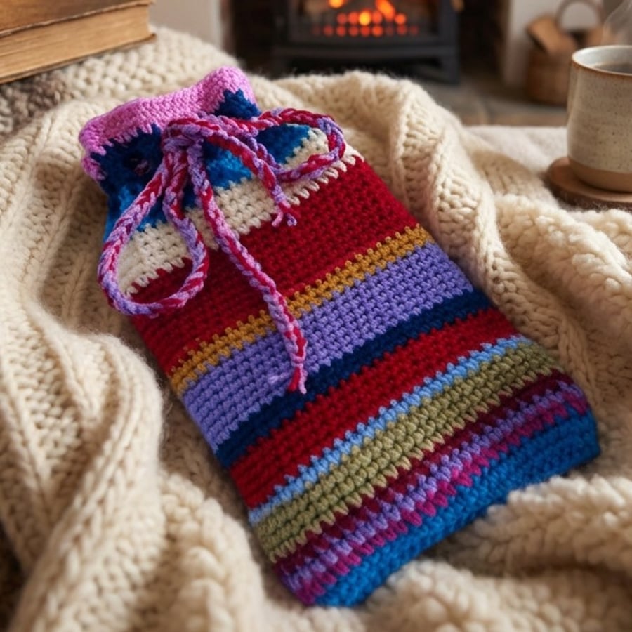 Cosy Crocheted Hot Water Bottle Cover, Drawstring Closure, Random Stripes 