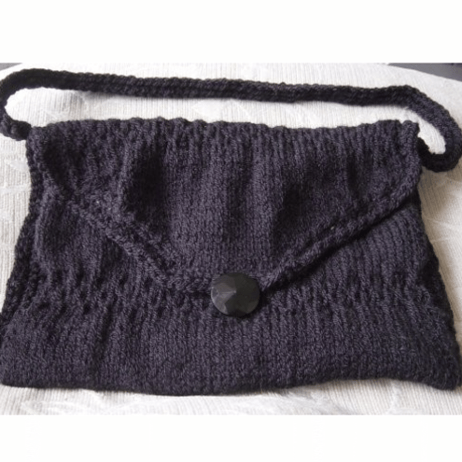 Classic Black Hand Knitted Handbag with Vintage Glass Button.