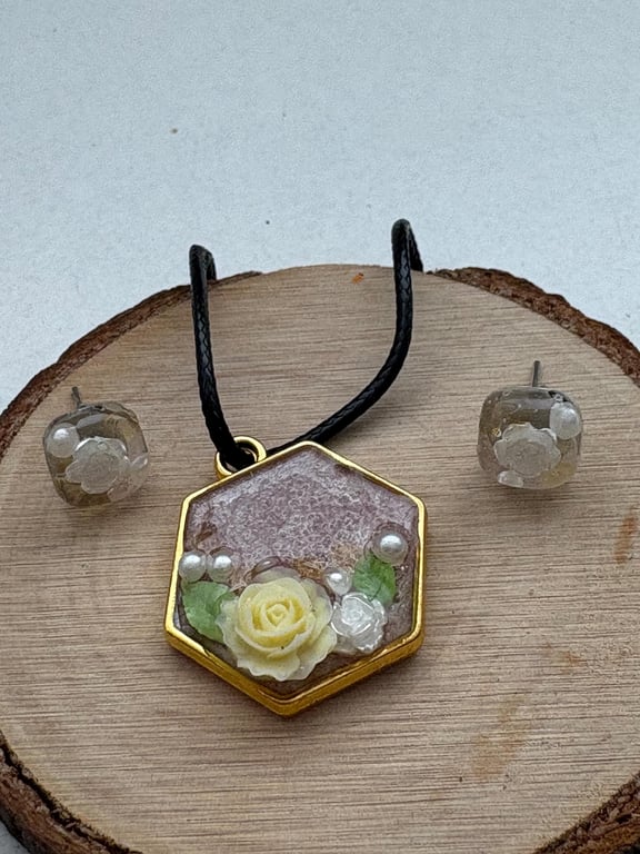Handmade Resin Pendant Necklace & Rose Resin Stud Earrings Set