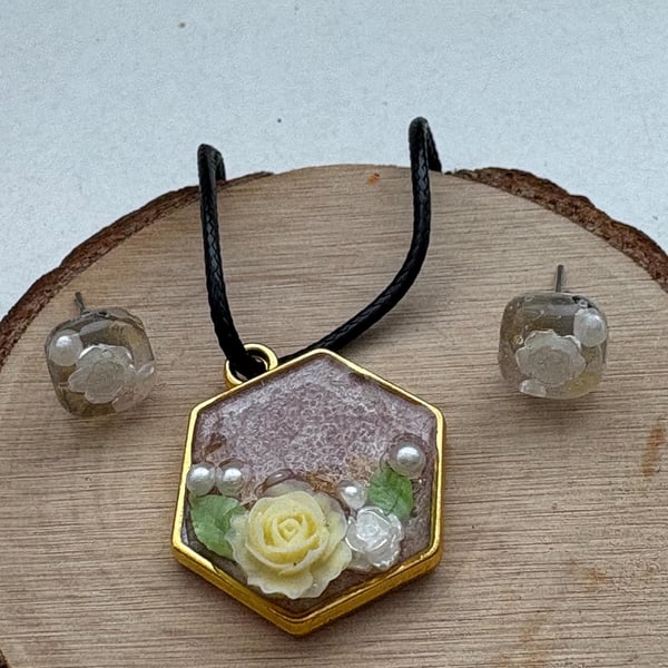Handmade Resin Pendant Necklace & Rose Resin Stud Earrings Set