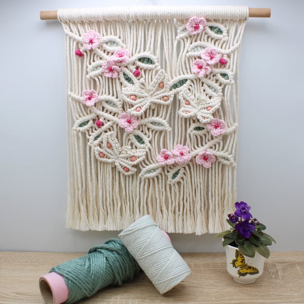 Macrame wall hanging, Pink blossom and butterfly wall hanging