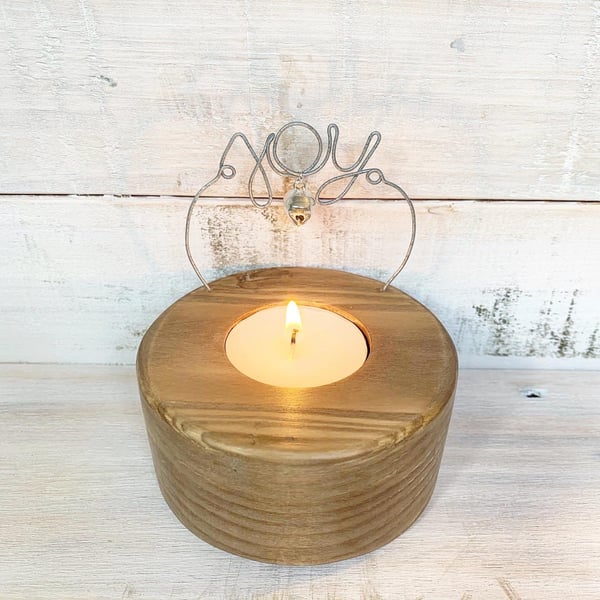 Handmade Wooden Tea Light Holder with Wire word Joy and Bell Christmas Gift 