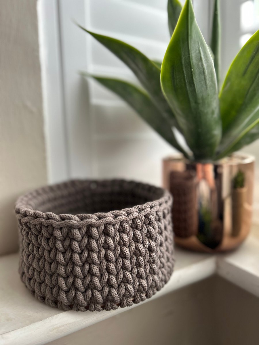 Handmade Crochet knitted basket with wooden base