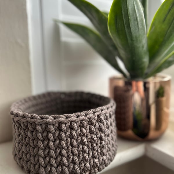 Handmade Crochet knitted basket with wooden base