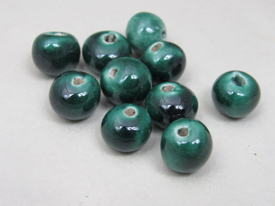10 Small Emerald Green Glazed Clay Beads