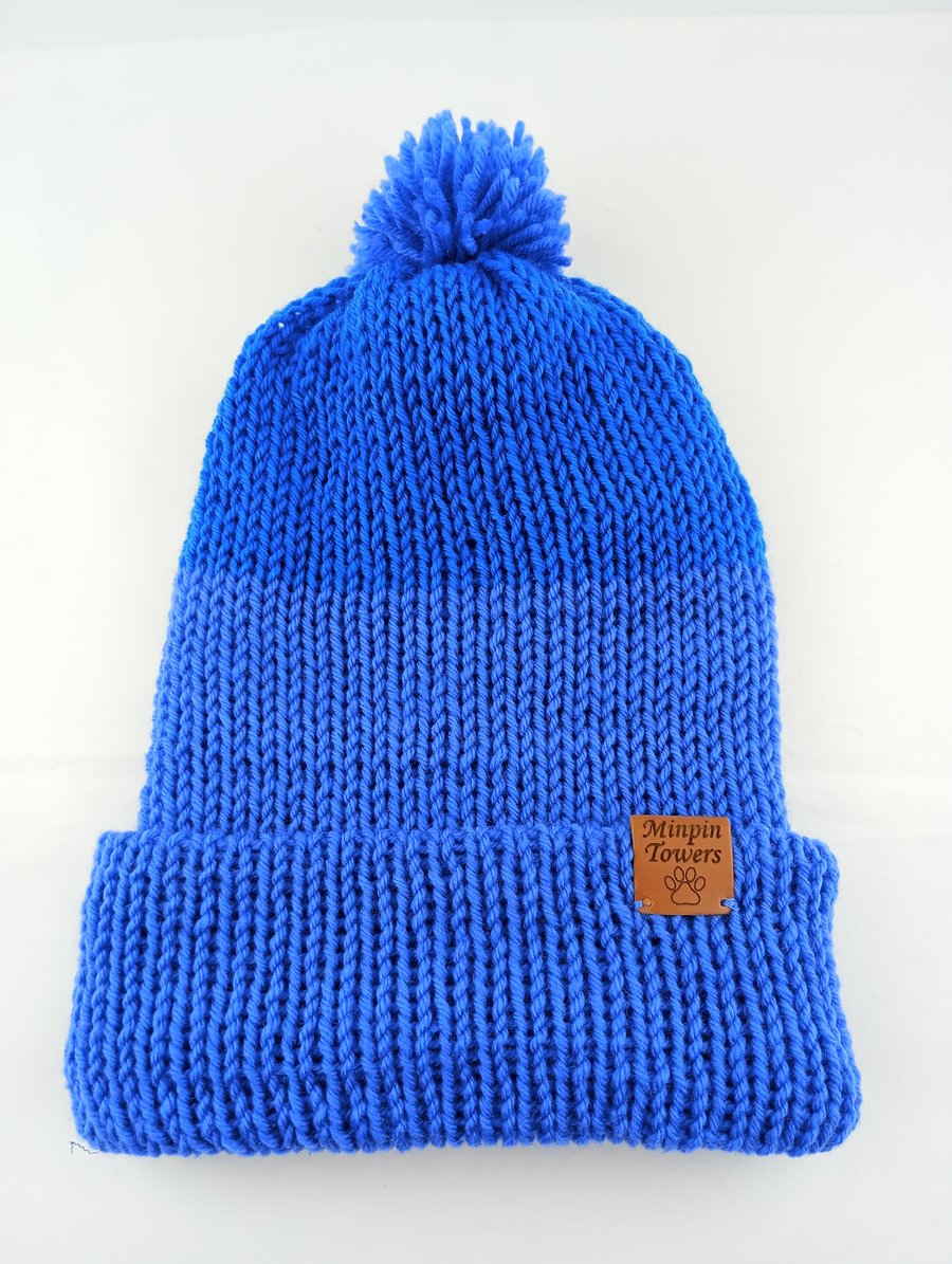 Blue Pom Pom Hat - Double Layered Knitted Hat in Two-Tone Blue