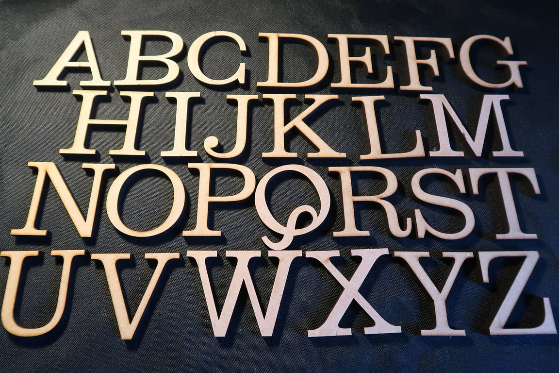 laser cut wood MDF 6mm thick capital letters, Clarendon font , various sizes,
