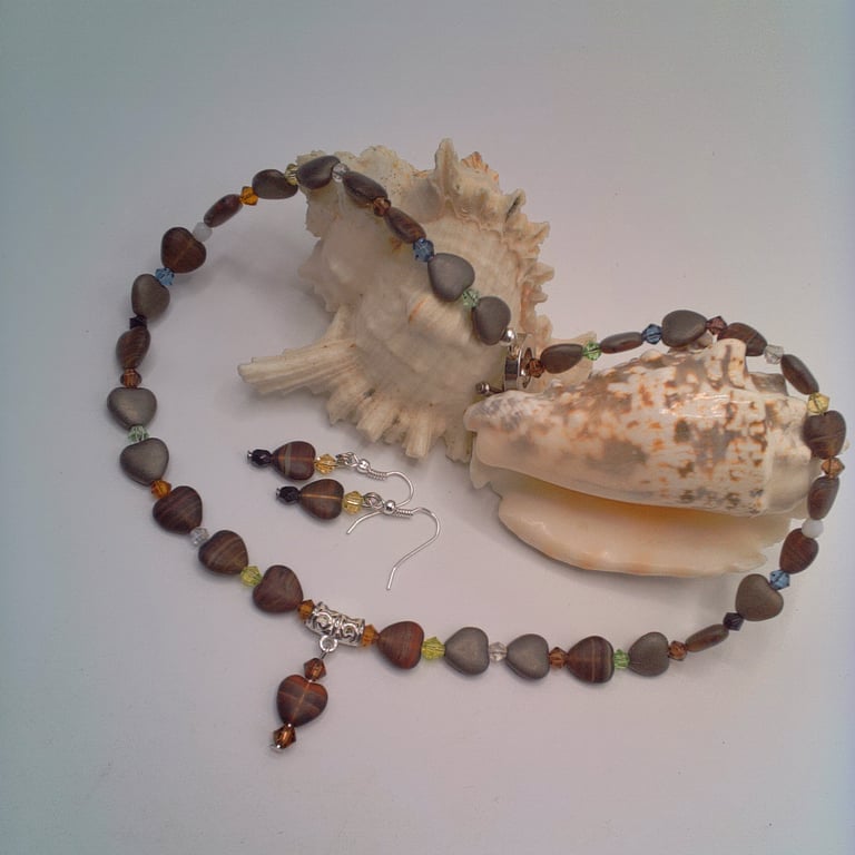 Glass Heart and Crystal Bead Necklace and Earrings Set, Gift for Her, Gift Set