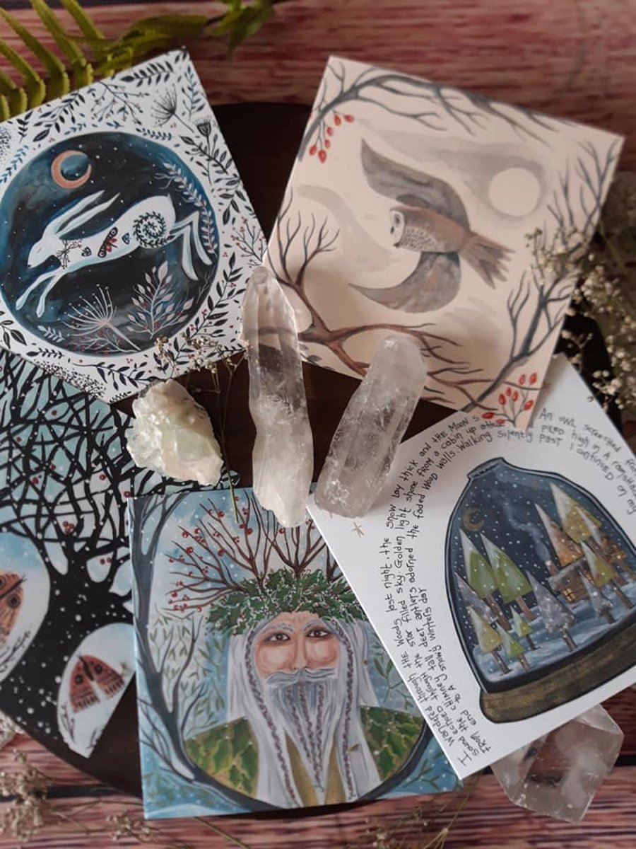 Yule cards, winter cards, Holly King card, owl card, hare card, card pack, hare