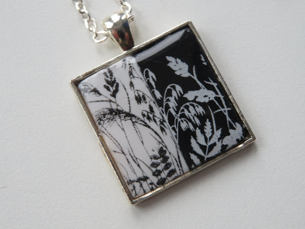 Black And White Square Polymer Clay Pendant Necklace