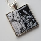 Black And White Square Polymer Clay Pendant Necklace
