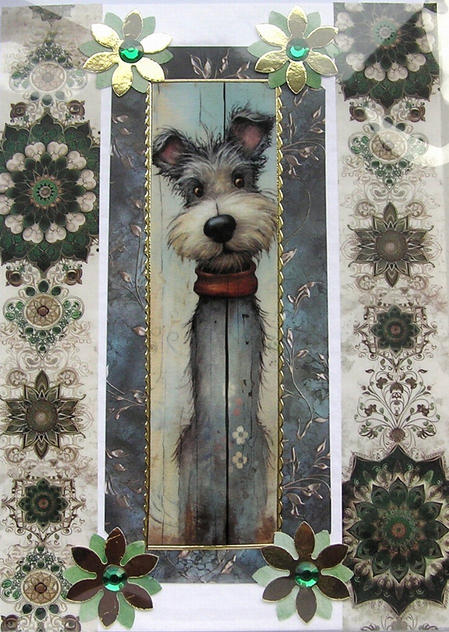 Sitting Dog - Hand Crafted Decoupage Greeting Card - Blank (2991)