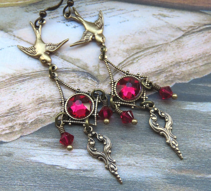 Ruby Crystal & Swallow Antiqued Style Dangle Earrings
