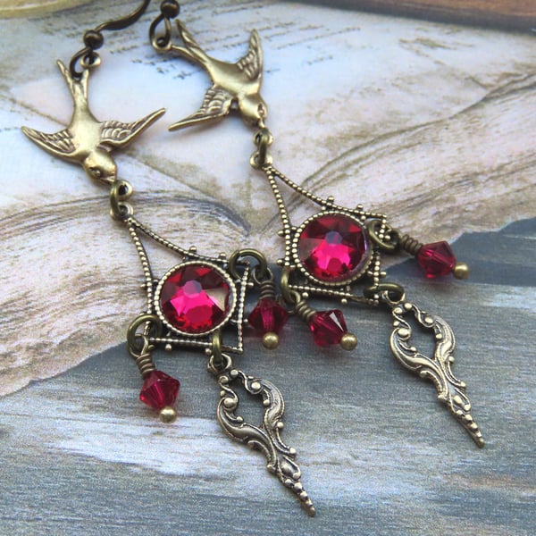 Ruby Crystal & Swallow Antiqued Style Dangle Earrings