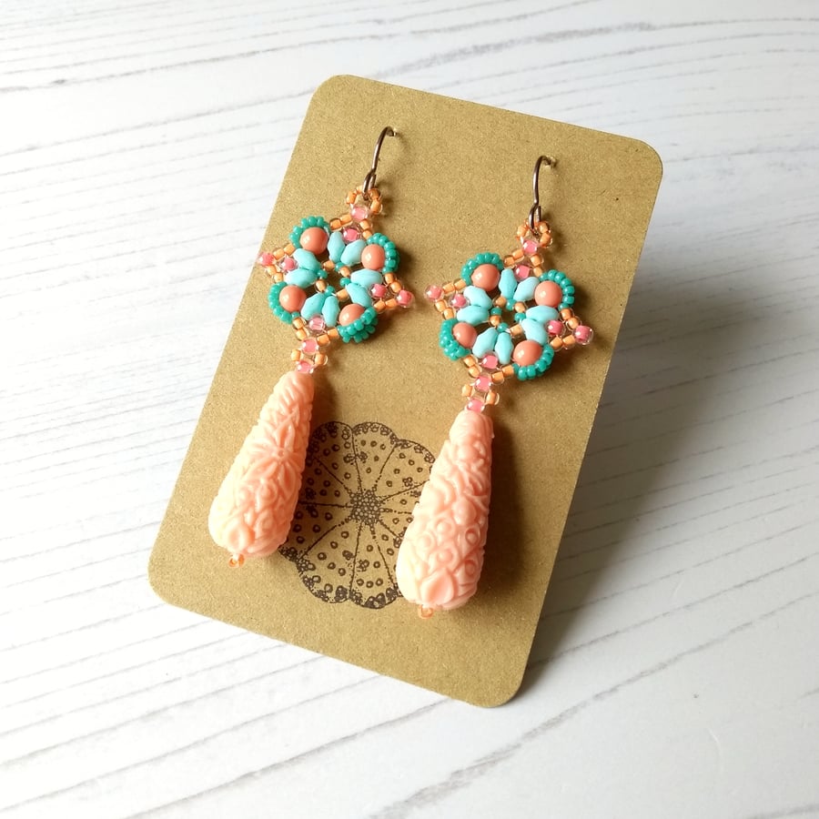 Sale! Mint Turquoise and Coral Drop Earrings