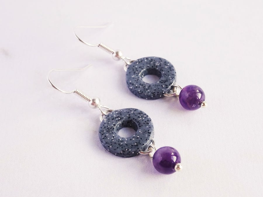 Amethyst dangly earrings, Purple and grey earrings, February Birthstone Earrings