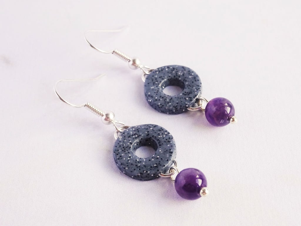 Amethyst dangly earrings, Purple and grey earrings, February Birthstone Earrings