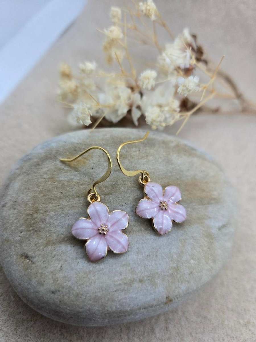 handmade hypoallergenic gold plated earrings with light pink sakura blossom 