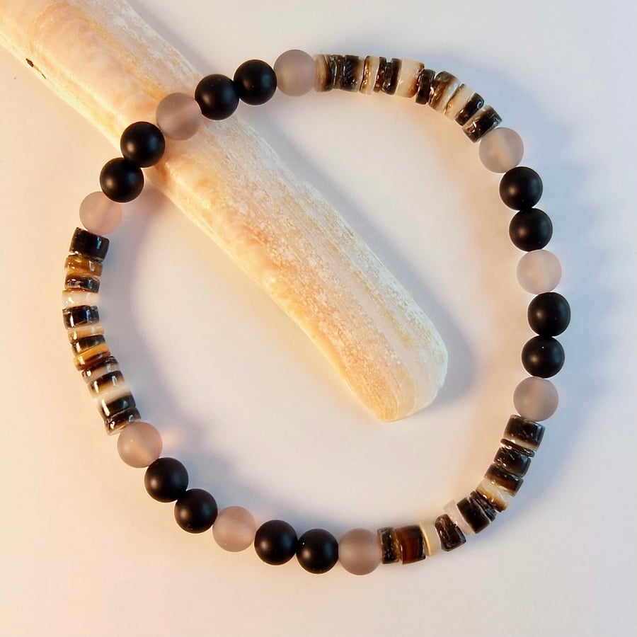Onyx, Grey Agate & Shell Bracelet - Larger Wrist Size, Unisex, Father's Day Gift