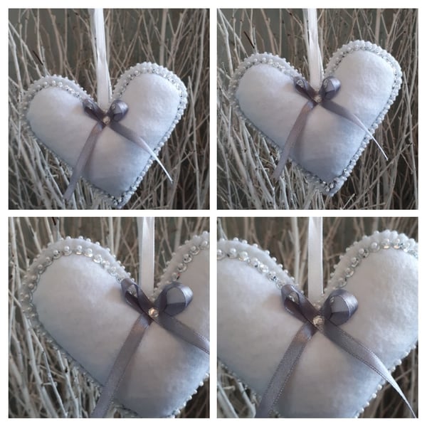 Heart hanger in white felt and silver. 