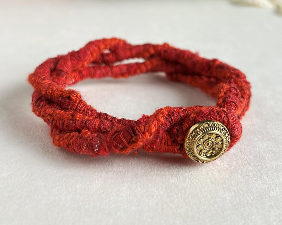 Red fire bracelet, textile art, textile bracelet