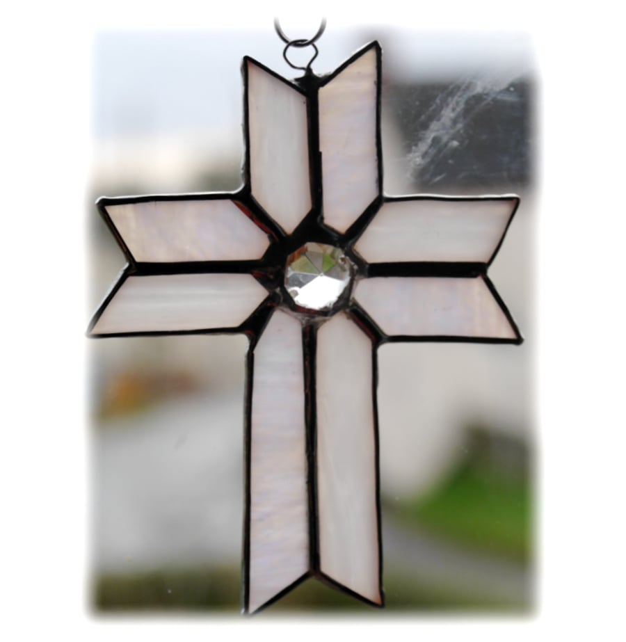 Cross Suncatcher Stained Glass Handmade White  Crystal 034