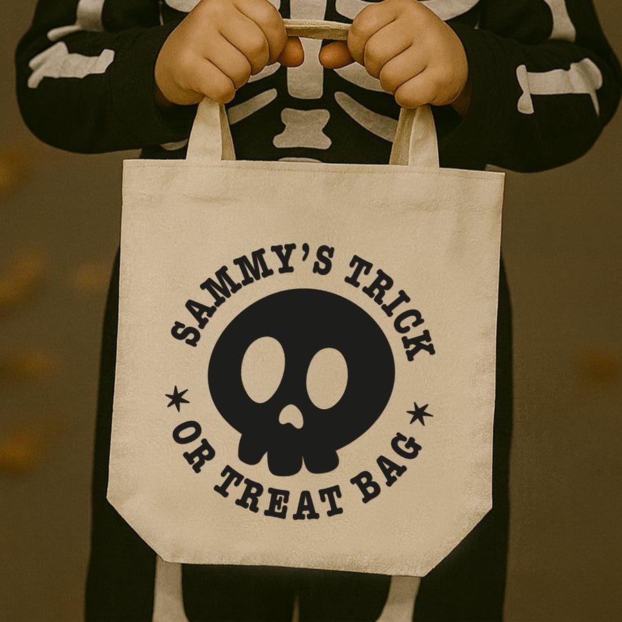 Personalised Skull Trick or Treat Bag Iron On  – Custom Halloween Transfer