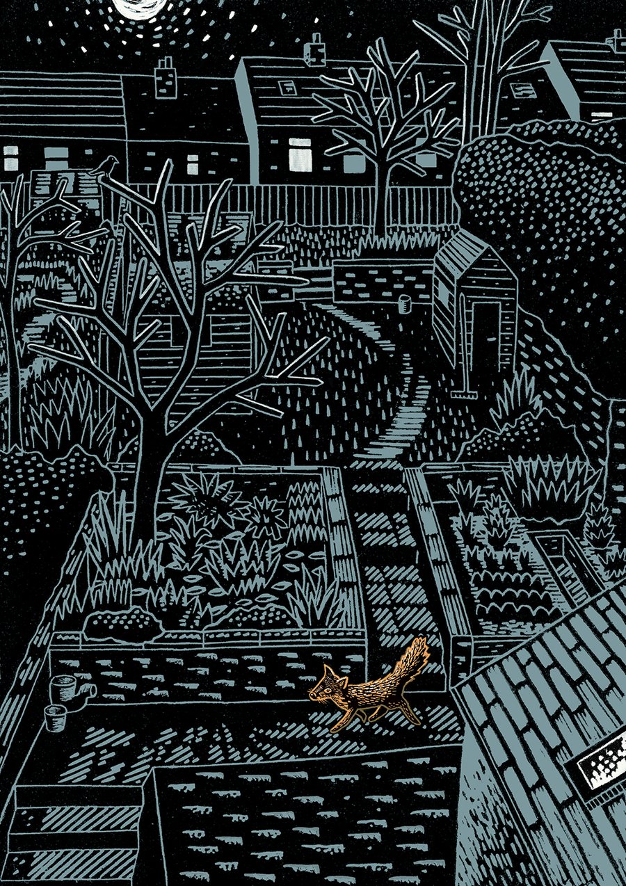 Midnight Fox A3 three-colour linocut screen-print
