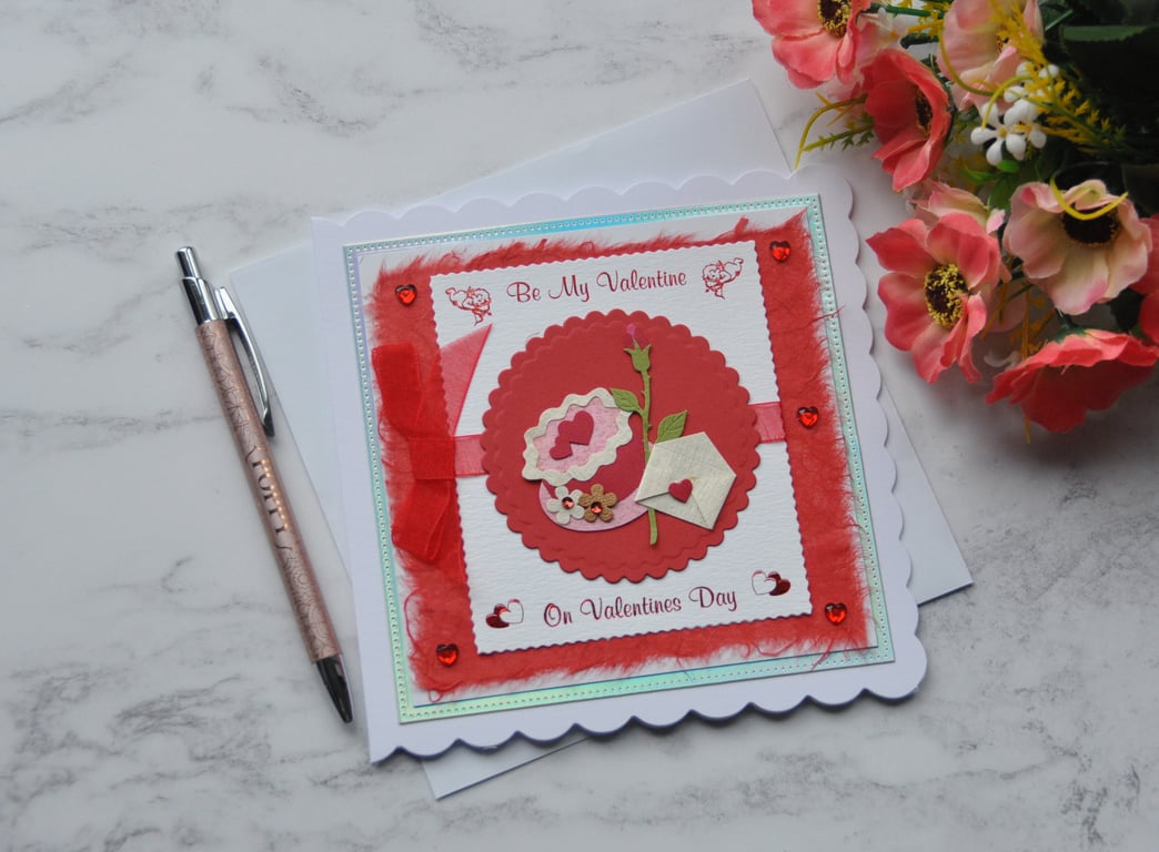 Be My Valentine's Day Card Long Stemmed Rose Cake Free Post 3D Luxury Handmade