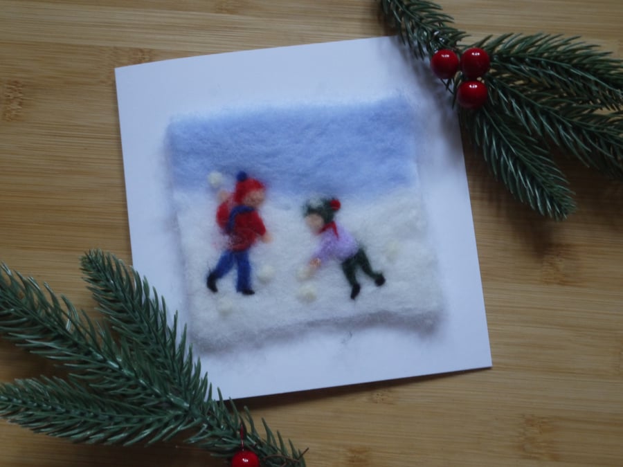Needle felted Snowball Fight christmas greetings card