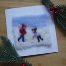 Needle felted Snowball Fight christmas greetings card