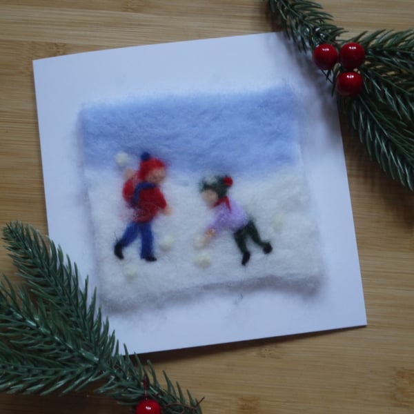 Needle felted Snowball Fight christmas greetings card