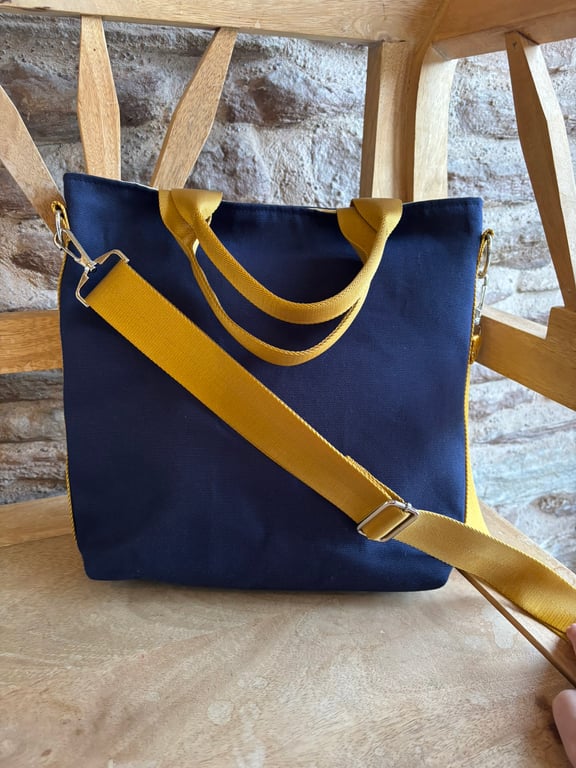 Navy Canvas Tote Bag with Mustard Straps - Handmade Crossbody Bag