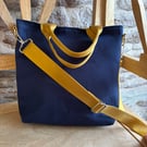 Navy Canvas Tote Bag with Mustard Straps - Handmade Crossbody Bag