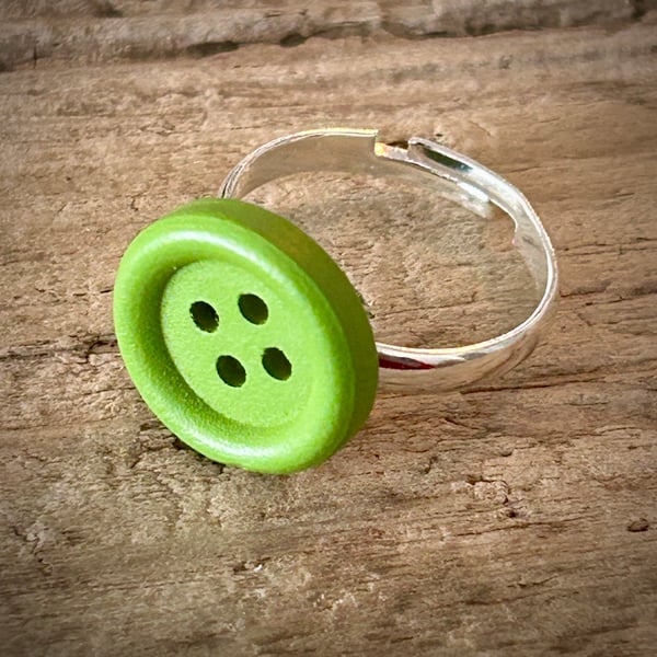 Silver Plated Adjustable Green Button Ring 
