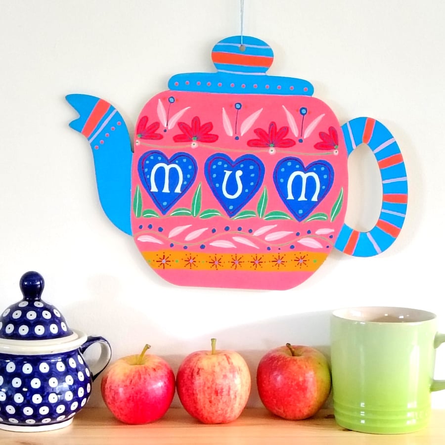 Mum Hand painted wooden hanging teapot decoration heart flower wall art