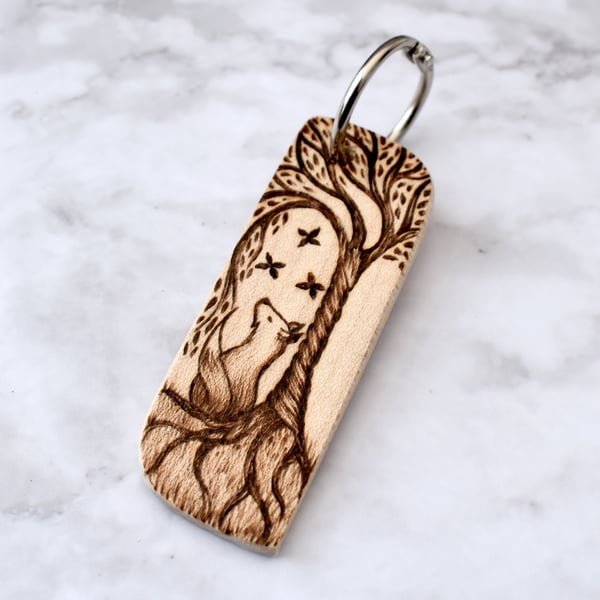 Fox and butterflies. Pyrography key ring.