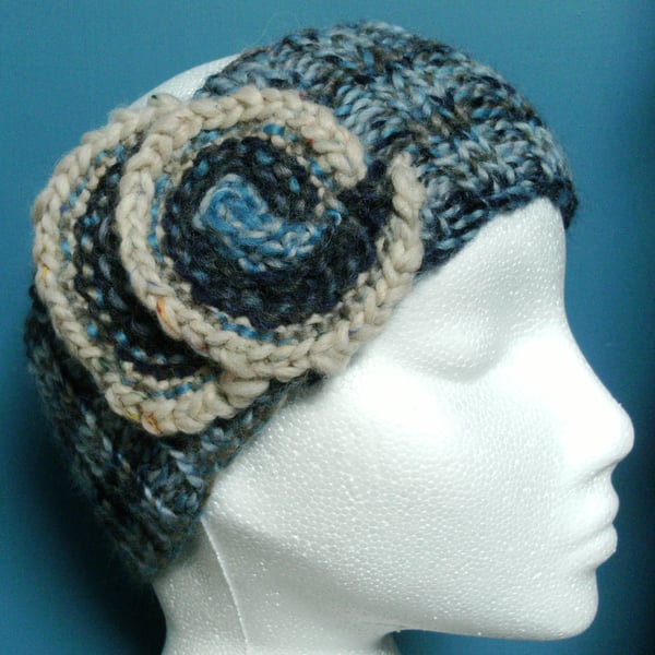 Tweedy Swirl Headband 100% Wool in Blues & Greys MED