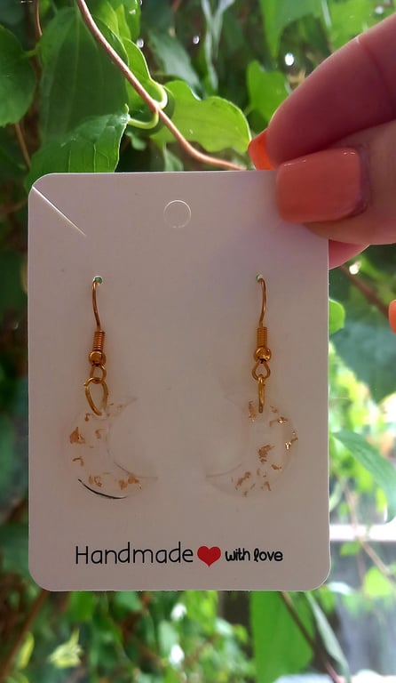Dangle Moon resin earrings, Gold leaf Moons,Unique Resin jewellery, Half Moon,