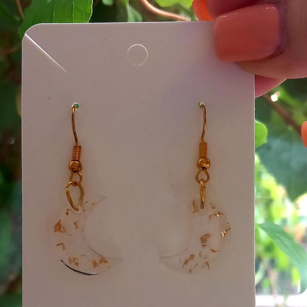Dangle Moon resin earrings, Gold leaf Moons,Unique Resin jewellery, Half Moon,
