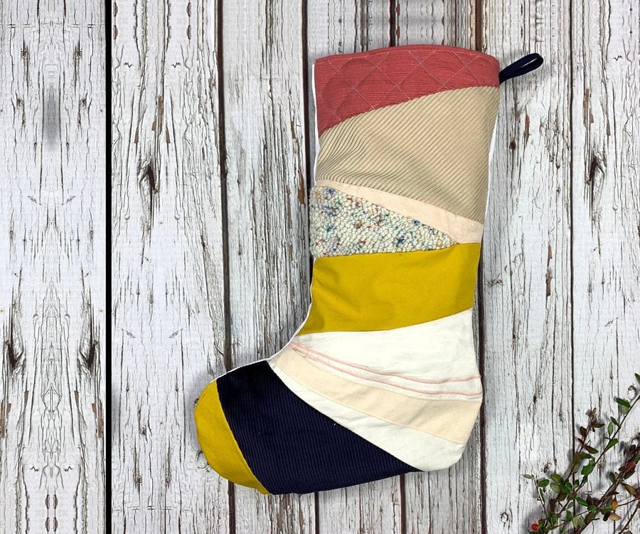 Large Handmade Christmas Stocking-patchwork, quilted, punch hook! Mustard yellow