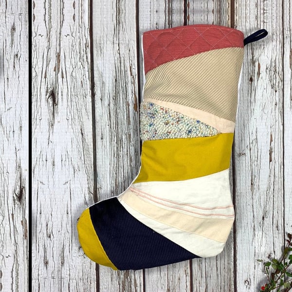 Large Handmade Christmas Stocking-patchwork, quilted, punch hook! Mustard yellow